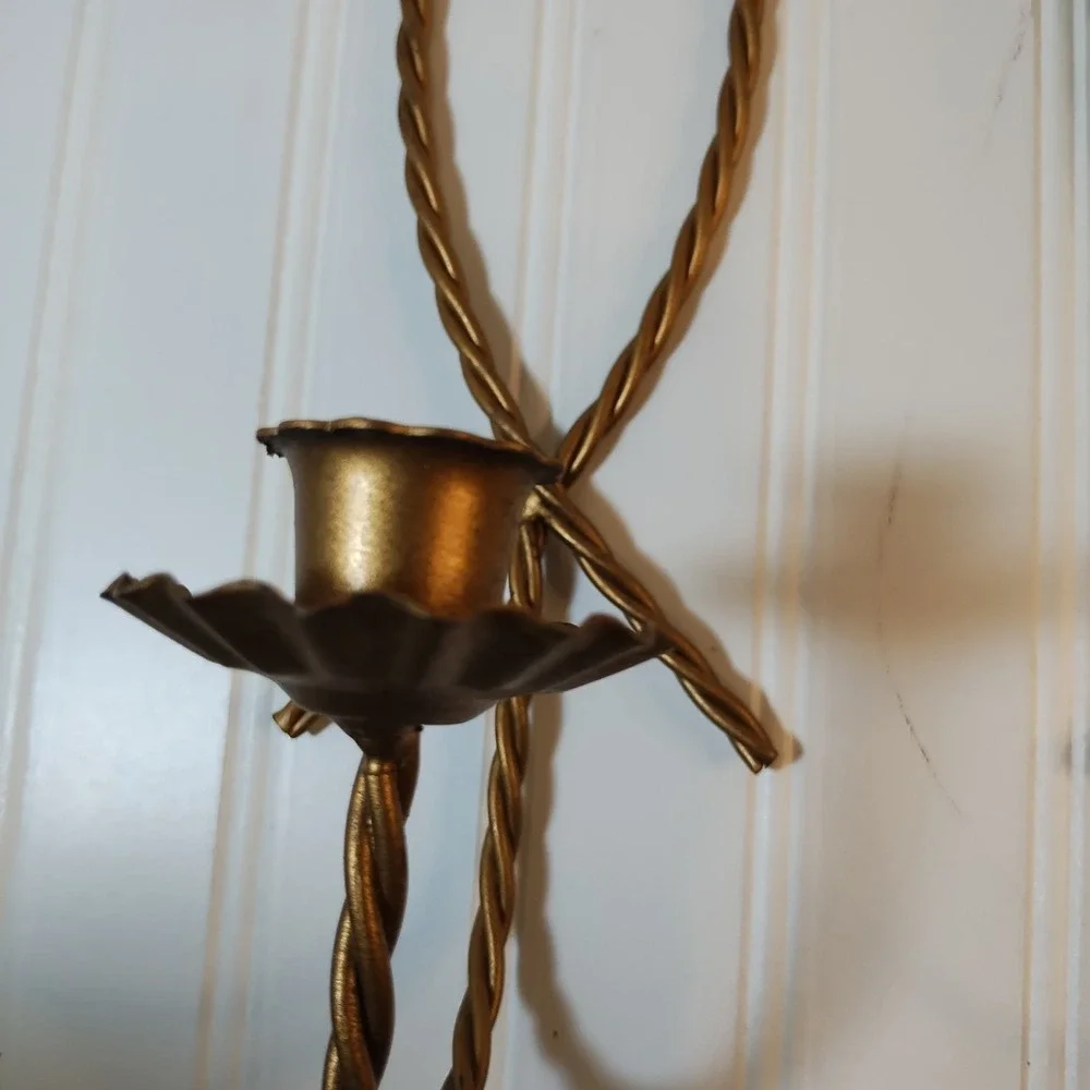 Pair Vtg Homco Braided Candle‎ Holders Twisted Wire Rope Metal Wall Sconces 2